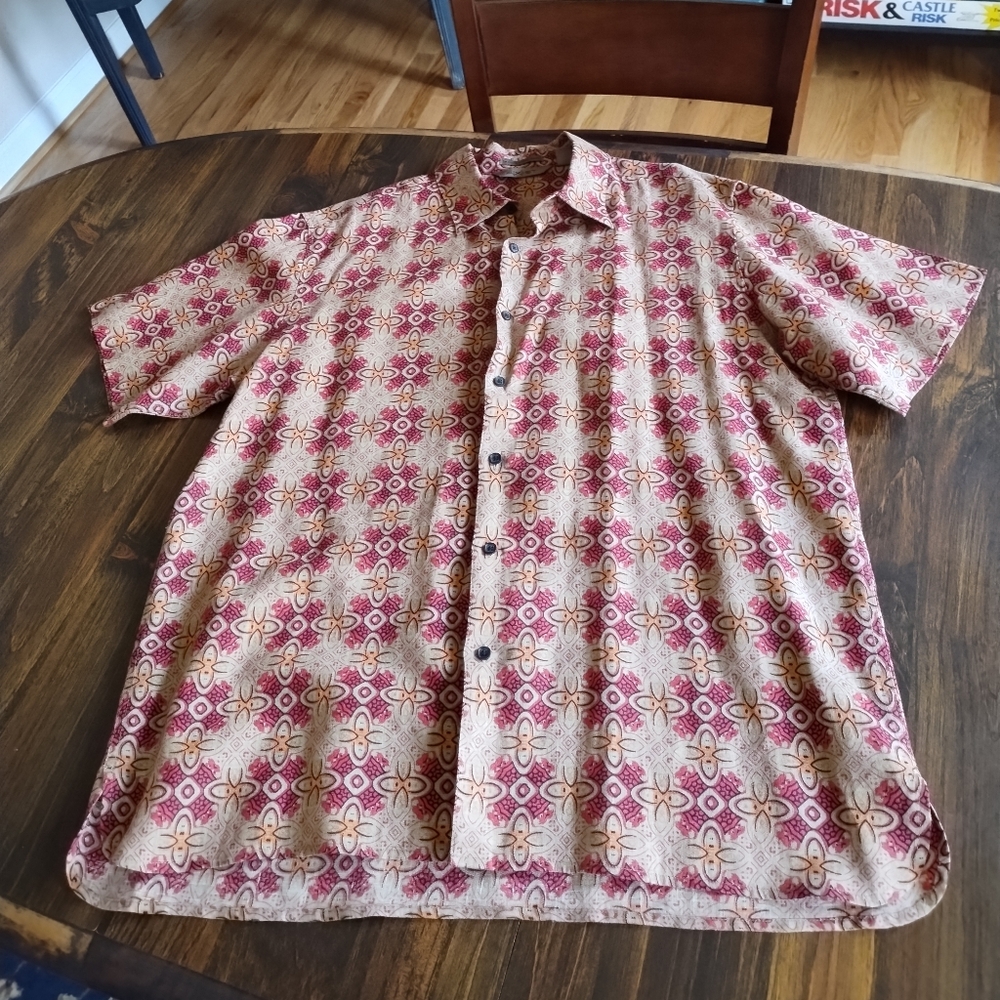 A[X]IST Linen "Hawaiian" Short Sleeve Shirt size XL, Brown and Red Asian Design